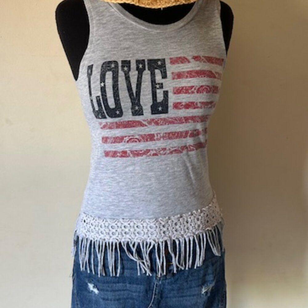 Ransom Girl Grey with Blue Love and Red Stripes Tank Top  8533 Large 10-12 girls